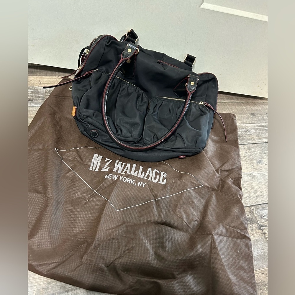MZ WALLACE Nylon pleated leather Handle Bag Black and red